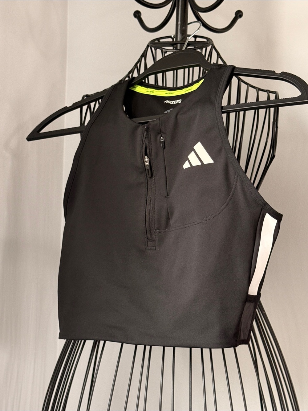 adidas Black Crop Athletic Tank with White Logo and Side Stripe
